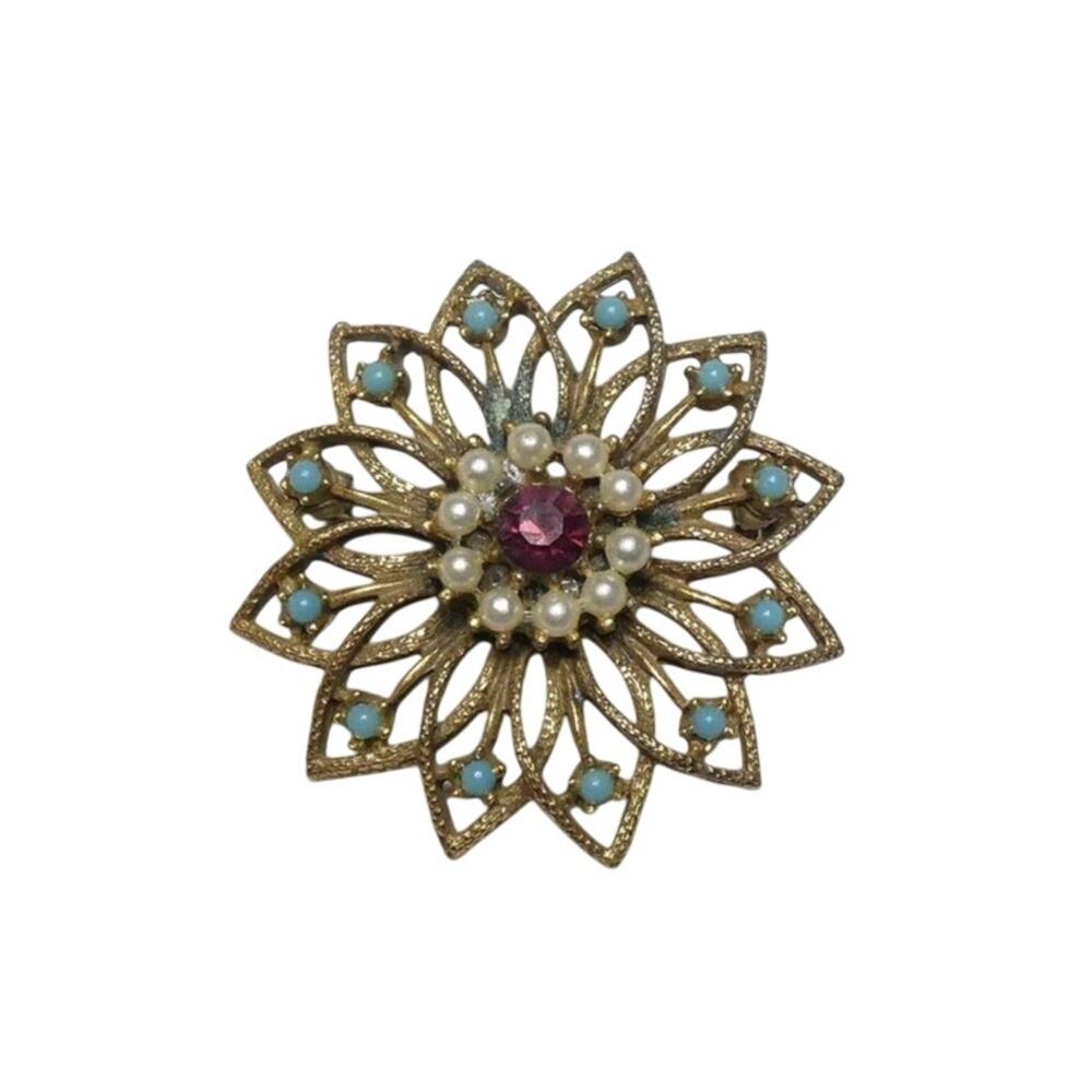 Unique Flower Brooch with Turquoise, Pearl, and Amethyst Colored Beads and Glass